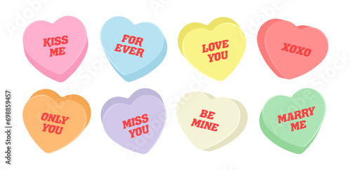 Sweet heart shape candy set. Valentines day concept. Isolated on white background. Different color bundle. Conversation, Love text. Romantic colorful element collection. Flat vector illustration.