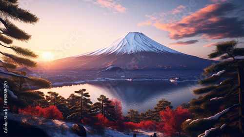 富士山と紅葉と湖 Mount Fuji and Autumn leaves and lake in Japan