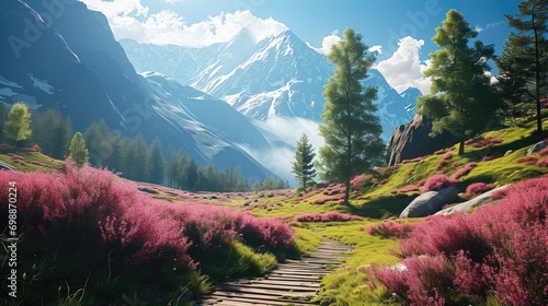A beautiful mountain valley with natural beauty and landscape and a wooden path with pink flower field and mountains. Generative AI.