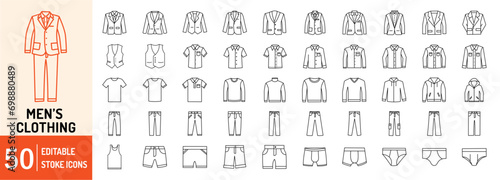 Men’s Clothing editable stroke outline icons set. Overcoat, blazer, shirts, sweater, t-shirts, pant, trousers, hoodie and vest. Vector illustration