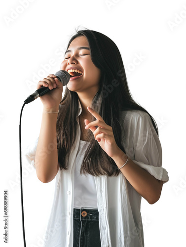 Young beautiful singer singing into mic isolated on transparent background