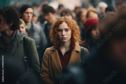 Lonely unhappy tired woman standing in a crowd of people, loneliness in society