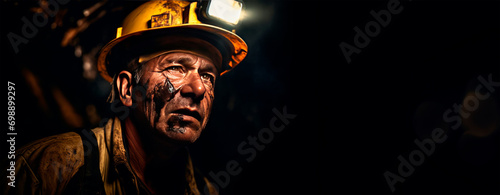 Tired working miner in yellow hard hat, safety gear and ear protection standing on hard labor shift against mine underground dark light bulbs.Hard physical labor conditions for work. banner.Copy space