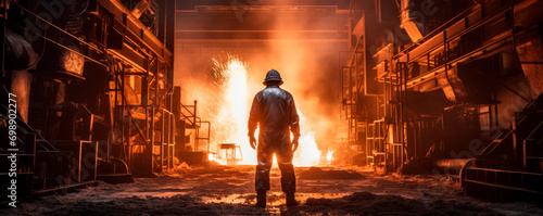 Steel foundry protective equipment and helmet surrounded by glow and sparks of molten metal during welding metalworking. The silhouette of worker against fiery background. Banner. Copy space