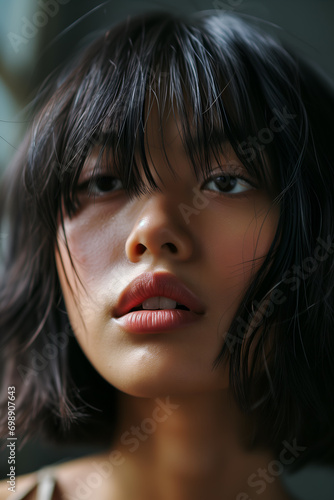Close-up of Bob with Bangs Hairstyle, young attractive model