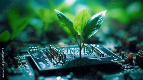  A detailed close-up highlights a plant positioned on a circuit board, juxtaposing nature with technology in a captivating composition.