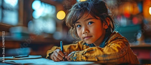 Youngster, studying, using a pen and paper at their desk, answering a question on arithmetic. A young pupil who is perplexed and needs help with the classroom assessment.