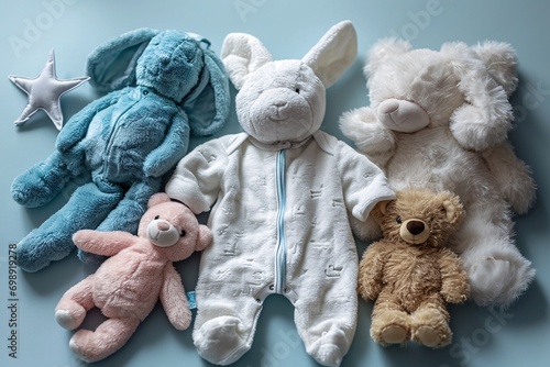 A collection of stuffed animals, including a white bunny, a blue bunny, a white teddy bear, and a brown teddy bear.