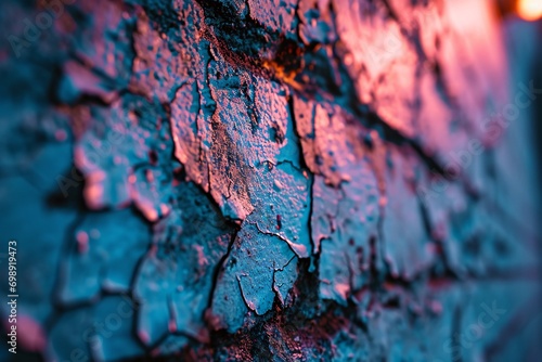 A blue brick wall with peeling paint and rust