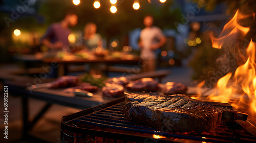 Barbecue party with people in the background, grilled steak, grilled meat, fire, summer party, barbecue in the garden, people having fun, family and friends, bbq, evening and night