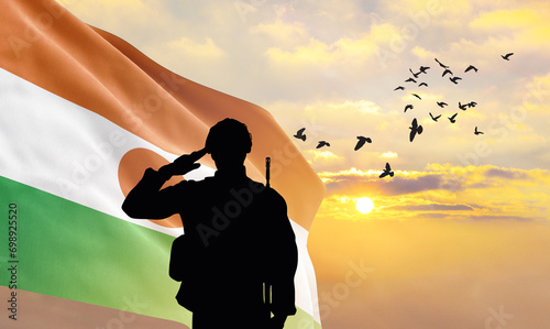 Silhouette of a soldier with the Niger flag stands against the background of a sunset or sunrise. Concept of national holidays. Commemoration Day.