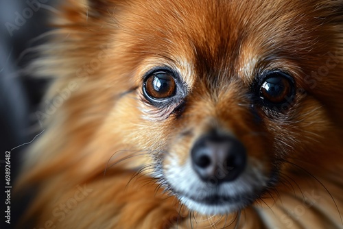 A close-up of a brown dog's face with a pink nose and brown eyes