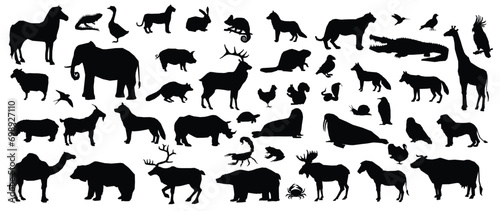 Animals silhouette big set. Group of African animals collection vector silhouette illustration isolated on white background. Big animals set poster. Elephant, giraffe, lion, hippo, hyena, rhin, zebra,
