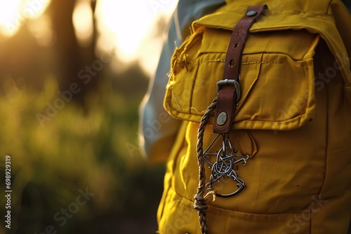 A yellow backpack with a leather strap and a metal buckle.