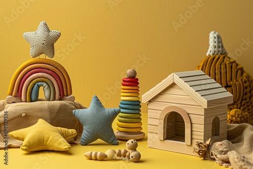 A colorful wooden toy house with a rainbow and stars on the roof