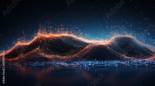 3d rendering of abstract digital landscape with flowing particles and depth of field