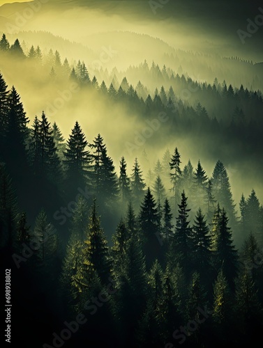 Evergreen forest foggy, Generative AI