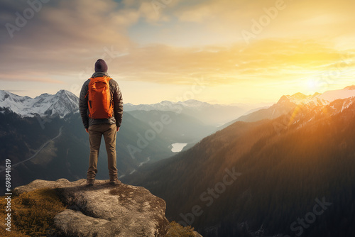Hiker with a backpack standing on the top of the mountain travel concept