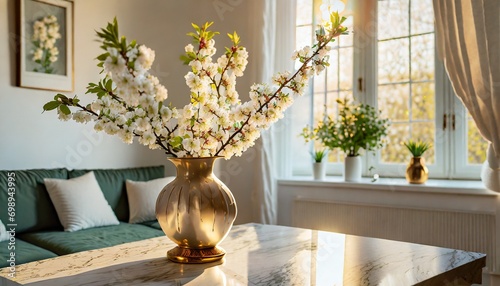  Blooming cherry branches in a vase on the counter. The living room is in the background. Spring or Easter background