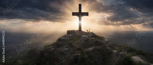 Golgotha hill and cross as symbol of Jesus' death and resurrection during Passion Week.