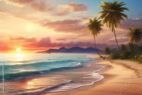 Tranquil Sunset over Tropical Beach with Palm Trees