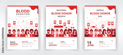 Poster, flyer, or report cover templates for national blood donor month, world blood donor day or any other blood donation program