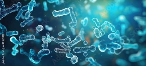 Detailed representation of probiotics bacteria, a key player in digestive health, under the lens of advanced microscopic science.