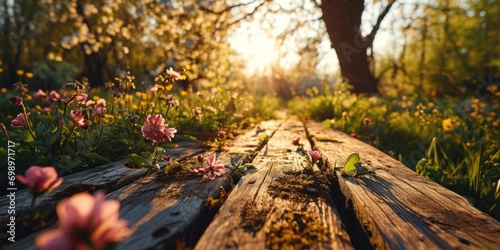 Fondo natural floral de primavera con una tabla de madera en primer