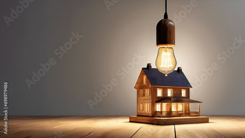 Casa di Luce- Lampadina con Simbolo di Costruzione in Legno, Concetto di Energia e Affari