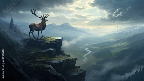 A stoic stag standing on the edge of a misty mountain cliff