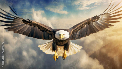 Closeup and front view of an American Bald Eagle flying with spread wings, against a blue sky above the clouds. Generative Ai.