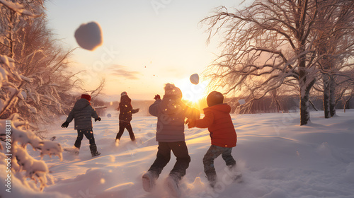 Group of children doing snowball fight, having fun outdoors in winter countryside with trees and surface covered with snow, setting sun in the background.