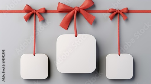 Blank white rounded square sign or empty white present mock up button signboard with red gift ribbon bow isolated on grey wall background with shadow minimal concept 3D rendering