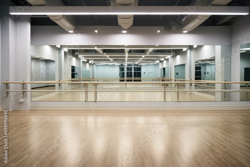 Interior of a modern dance hall with wooden floor and white walls, A dance studio with a sleek barre and wide mirrors, AI Generated