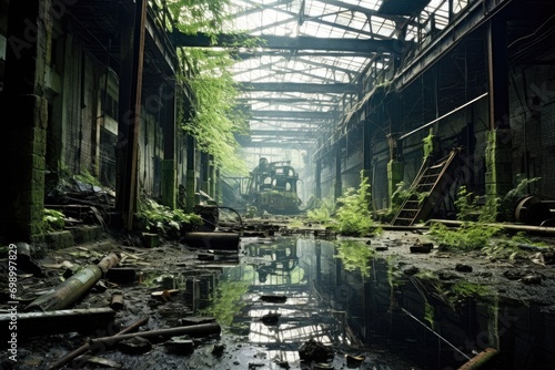 Abandoned factory building in the middle of the forest. Concept of environmental pollution, A deserted derelict factory overtaken by nature, AI Generated