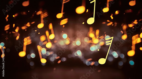 A close up of a group of musical notes with bokeh blurred background, on a string suitable for music event posters, band flyers, music education materials, and concert promotions.