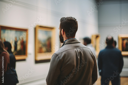 Generative AI technology picture people have art day visiting museum paintings gallery