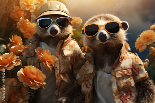 Two racons in beige shirts orange sunglasses and hat looking at the camera on a orange sunny flower background. Copy space.