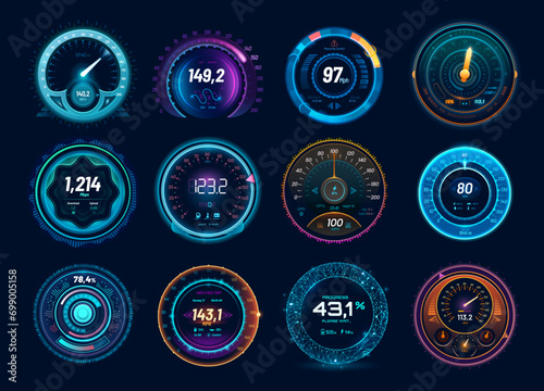 Speedometer neon dial, car and internet traffic speed gauge dashboard, futuristic counter interface, vector HUD elements. Digital charge, speed meter and connection test indicators, race sport game