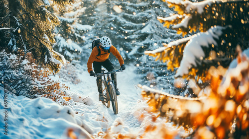 Mountain bike cyclist riding in a winter forest along a trail. Extreme cycling sports concept. Beautiful nature in golden sunlight