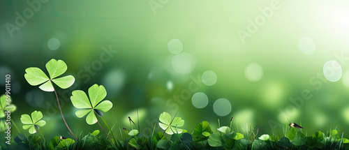 Green clover leaf isolated on blur background. with leaved shamrocks. St. Patrick's day holiday symbol. Lucky green clover and nature background 