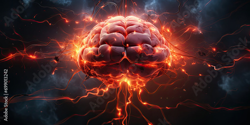 ,A detailed image of a brain with sparks emanating from it. Ideal for science, technology, and innovation concepts, depicting creativity, intelligence, Electrical activity inside the human brain