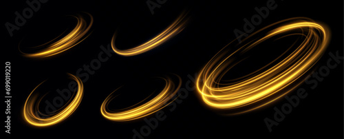 Portal and frame, abstract golden light lines of movement and speed. light ellipse.Gold neon ring.Glowing circle.Glow effect.Round light frame. abstract light lines of movement and speed.