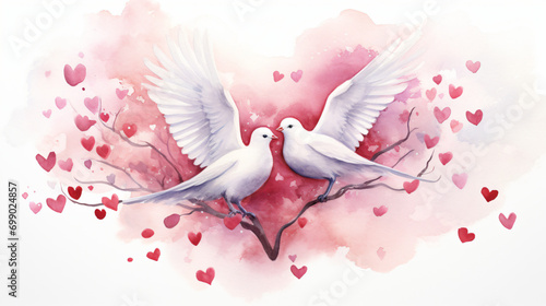 Watercolor illustration featuring a couple of doves