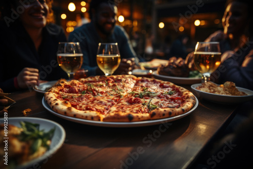 Happy young multinational friends eating pizza in a restaurant