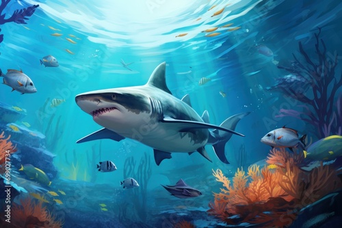 Great White Shark swims in the ocean near the reef. undersea world.