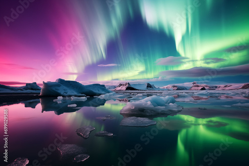 Colorful Northern lights on icelandic glacier lagoon with icebergs, Aurora Borealis landscape in winter, inspired by Iceland