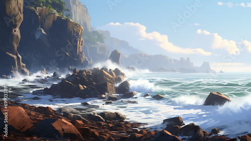 A coastal cliff with crashing waves below,