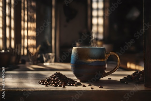 textured blue and beige ceramic coffe cup , coffee beans and smooth bokeh background