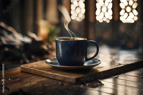 steamy hot coffee in a ceramic cup , strong bokeh background , coffe advertising template